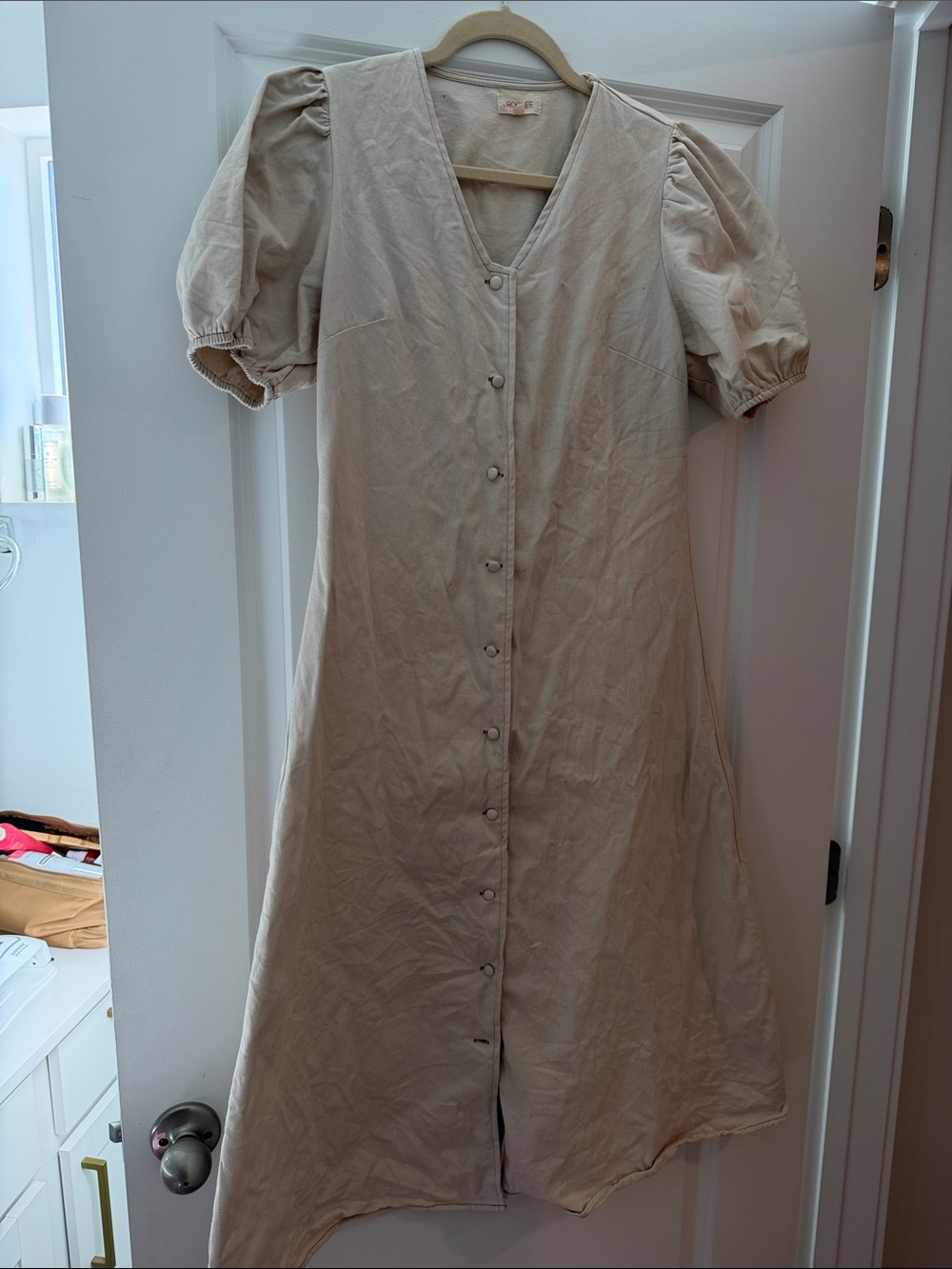 Roolee Beige Puff-Sleeve Button-Front Women’s Dress